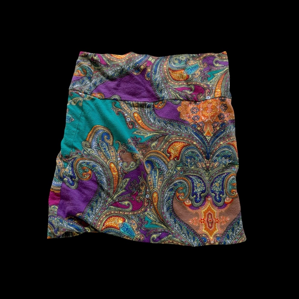 Wet Seal Paisley Mini Skirt Womens Small Purple Teal Boho Stretch Jersey USA